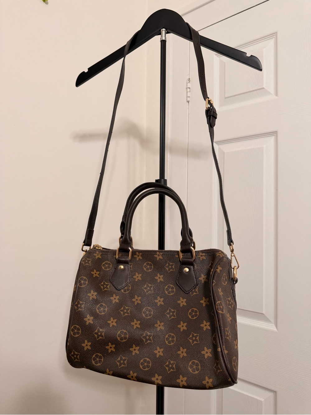 Brown Monogram-Style Top-Handle Satchel with Adjustable Strap